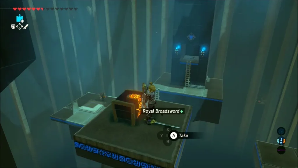 Link at the chest on a platform with the weapon prompt Link at the chest on a platform with the weapon prompt