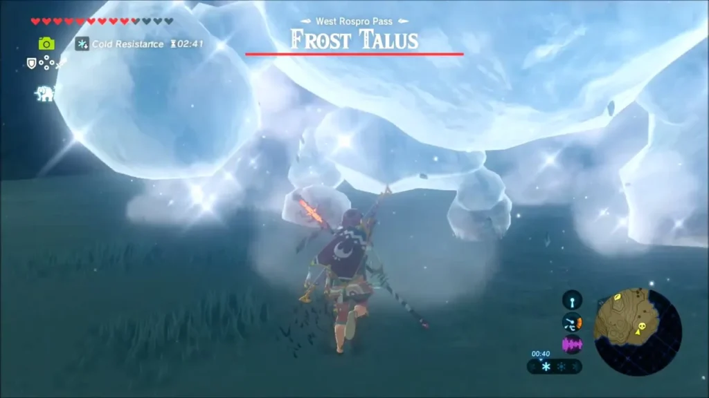 Link facing the ice-covered Frost Talus with its health bar showing Link facing the ice-covered Frost Talus with its health bar showing