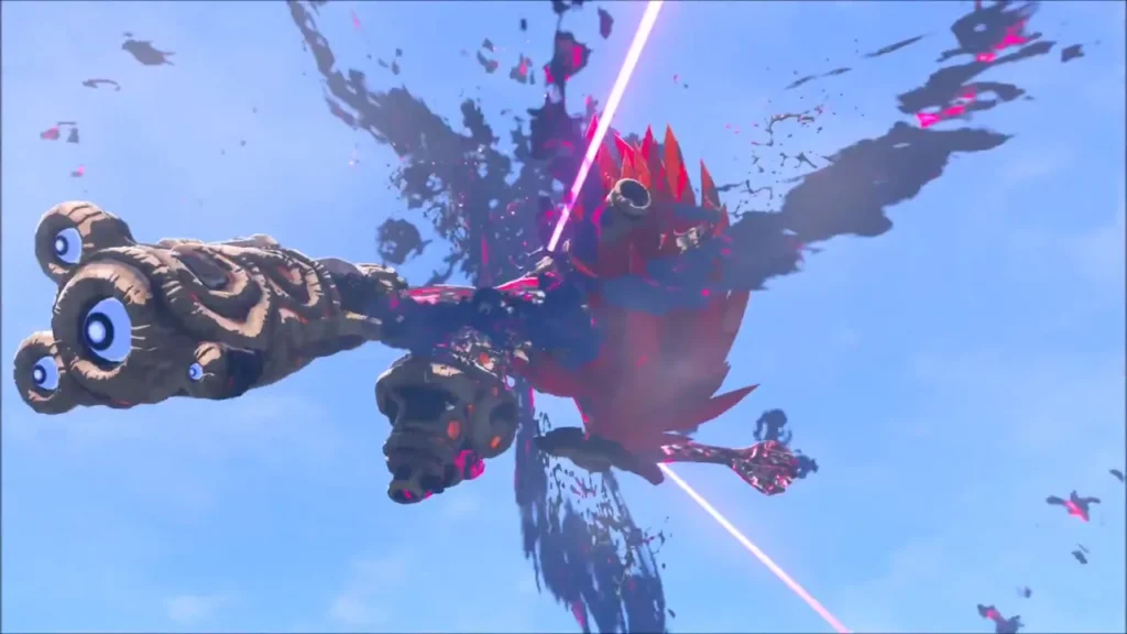 Windblight Ganon bursting apart in a spray of Malice after the final arrow Windblight Ganon bursting apart in a spray of Malice after the final arrow
