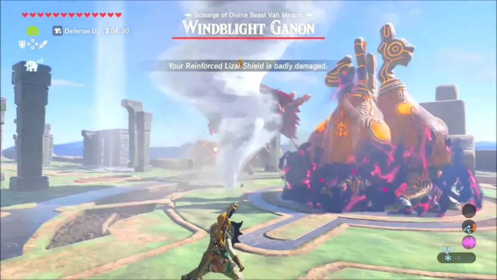 Windblight Ganon sending a large tornado across the Vah Medoh roof arena toward Link Windblight Ganon sending a large tornado across the Vah Medoh roof arena toward Link