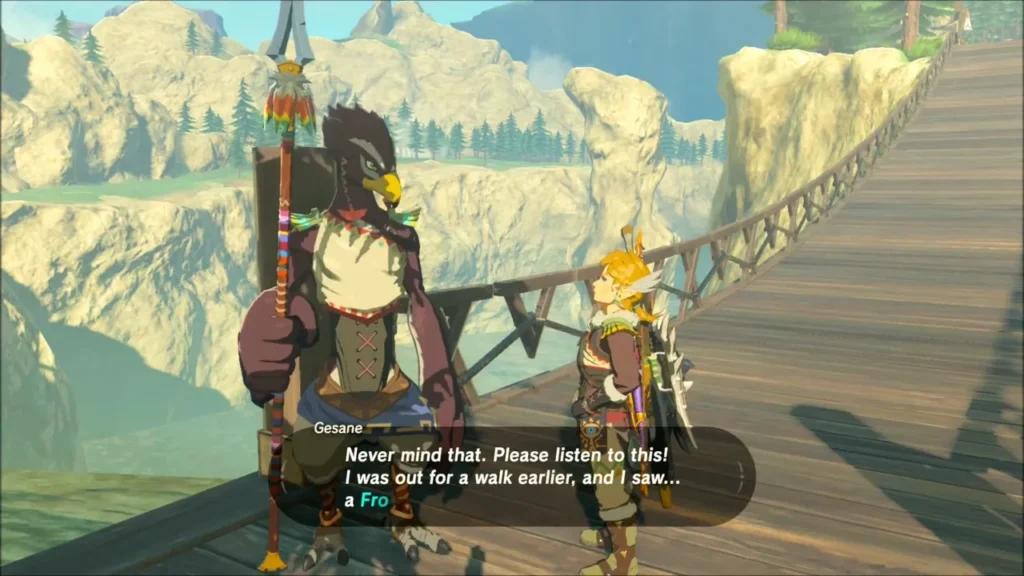 Gesane the Rito guard speaking with Link on the suspension bridge Gesane the Rito guard speaking with Link on the suspension bridge
