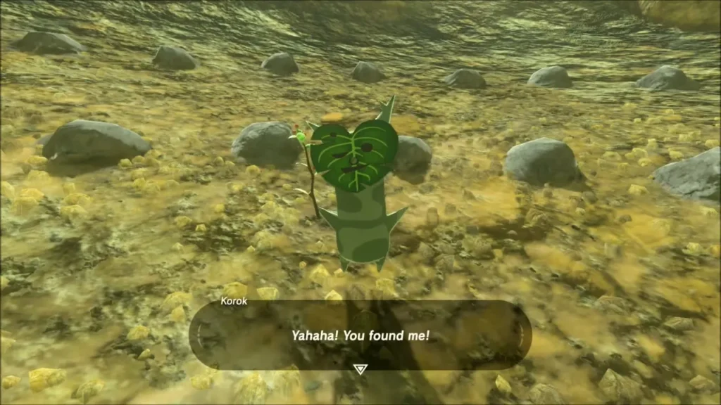 A Korok announcing it was found among small stones on dry ground A Korok announcing it was found among small stones on dry ground