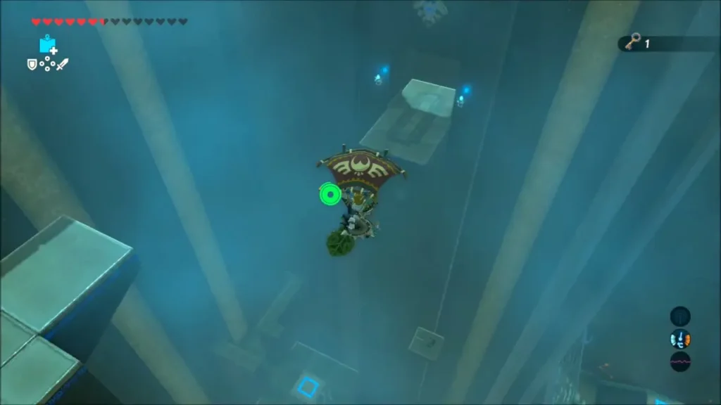 Link gliding down through a tall misty shrine room Link gliding down through a tall misty shrine room