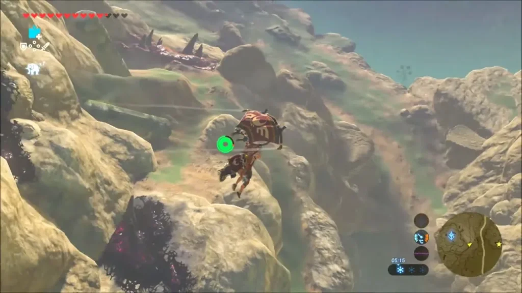 Link gliding down the rocky slope toward the Great Fairy Fountain Link gliding down the rocky slope toward the Great Fairy Fountain