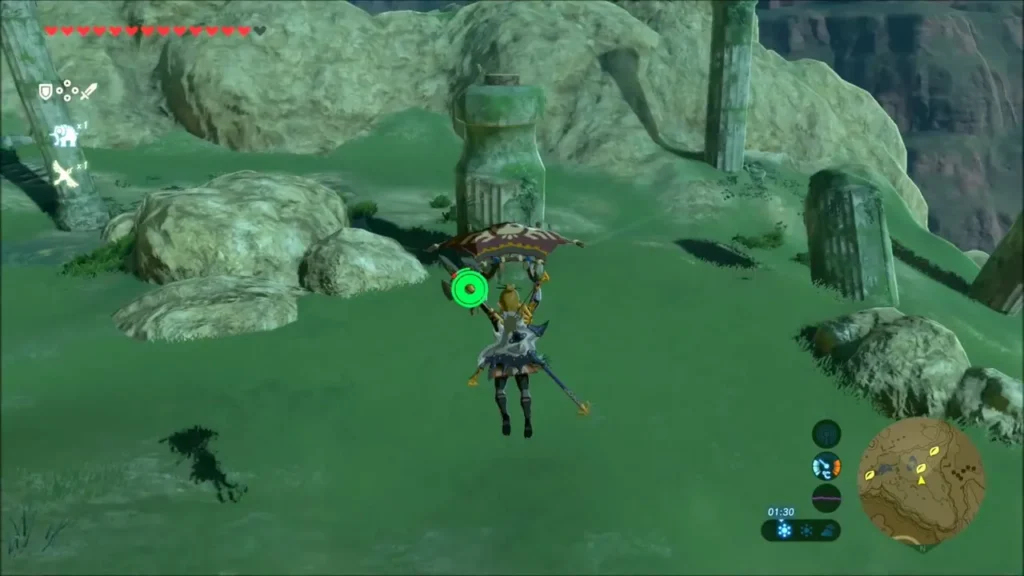 Link gliding toward a tall mossy column among ruins Link gliding toward a tall mossy column among ruins