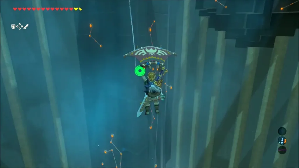 Link gliding up the central gust inside the shrine Link gliding up the central gust inside the shrine