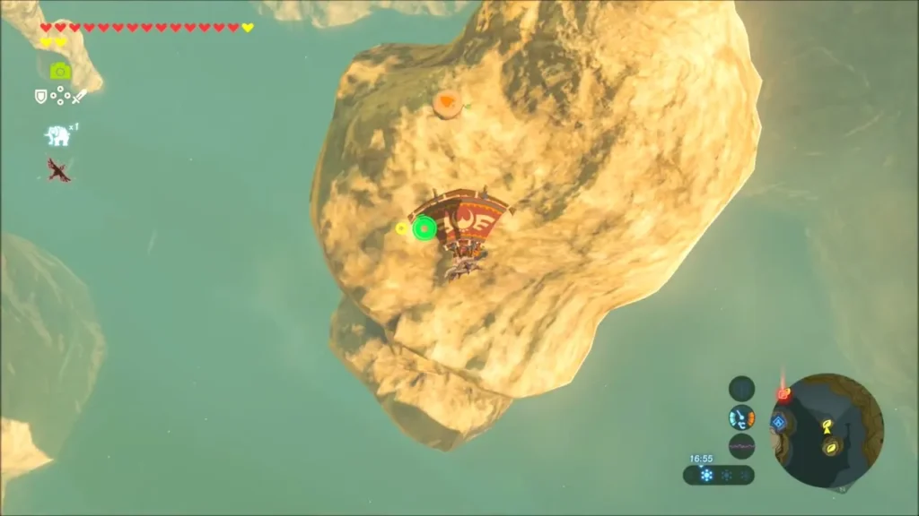 Link gliding over a rocky islet in Lake Totori Link gliding over a rocky islet in Lake Totori
