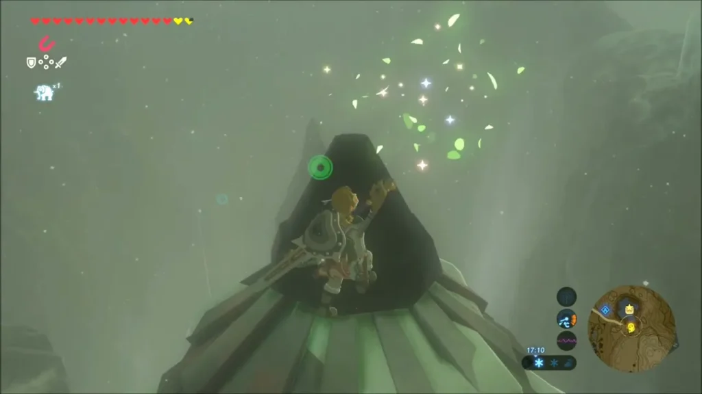 Link clinging to the green cap as Korok leaves swirl above Link clinging to the green cap as Korok leaves swirl above
