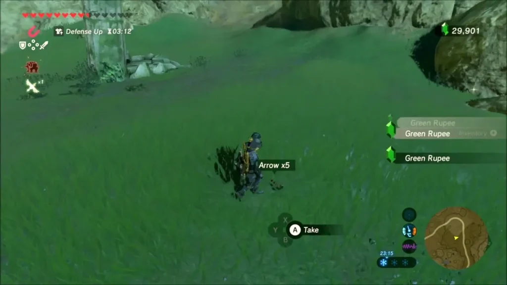 Link collecting Green Rupees and Arrows in the green valley Link collecting Green Rupees and Arrows in the green valley