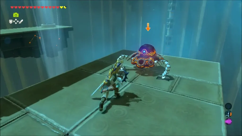 Link facing a Guardian Scout on a platform inside the shrine Link facing a Guardian Scout on a platform inside the shrine