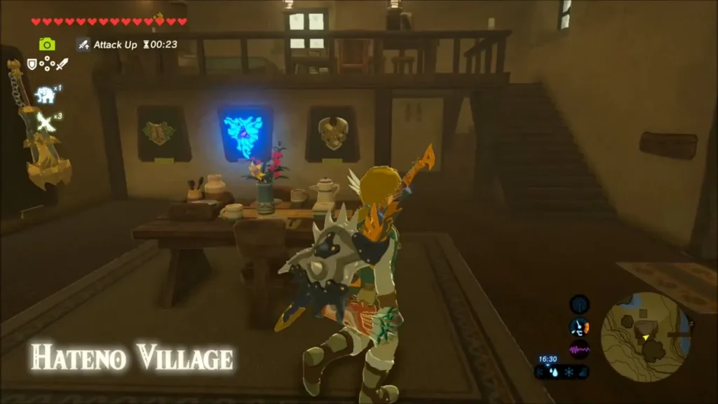 Link inside a Hateno Village house with display racks on the walls Link inside a Hateno Village house with display racks on the walls