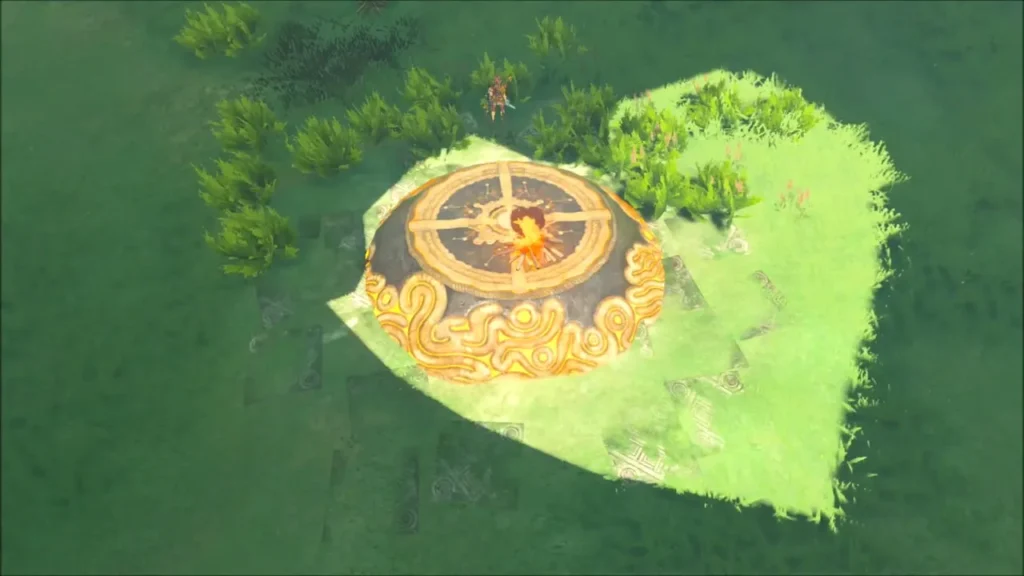 Heart-shaped patch of grass around a pedestal lit by a small fire Heart-shaped patch of grass around a pedestal lit by a small fire