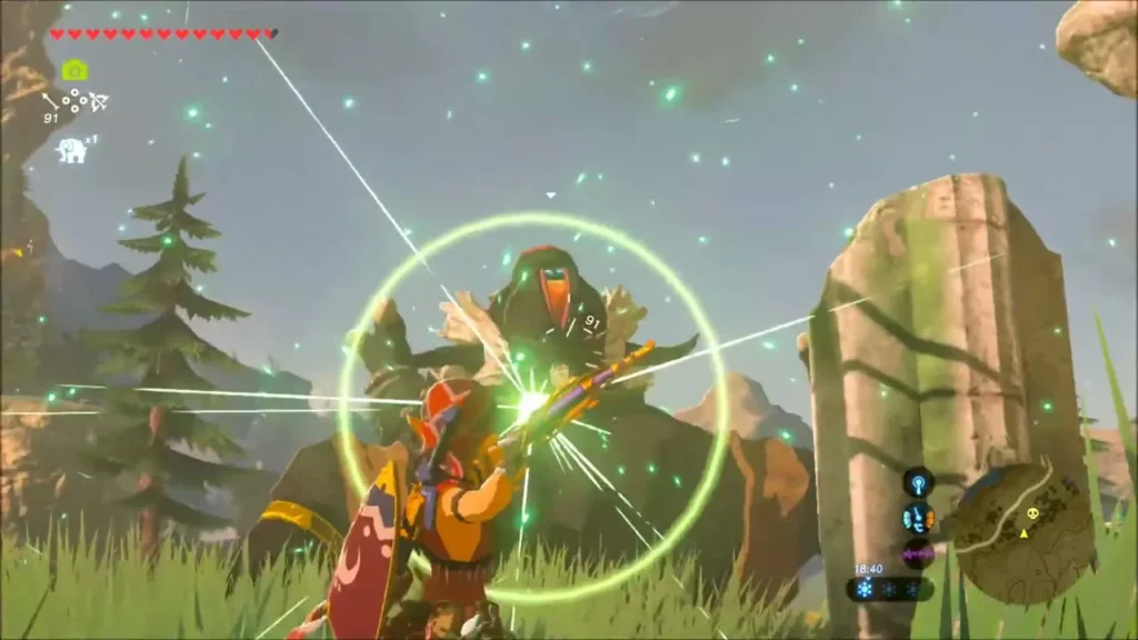 Link drawing a bow at the Black Hinox with a green focus ring Link drawing a bow at the Black Hinox with a green focus ring