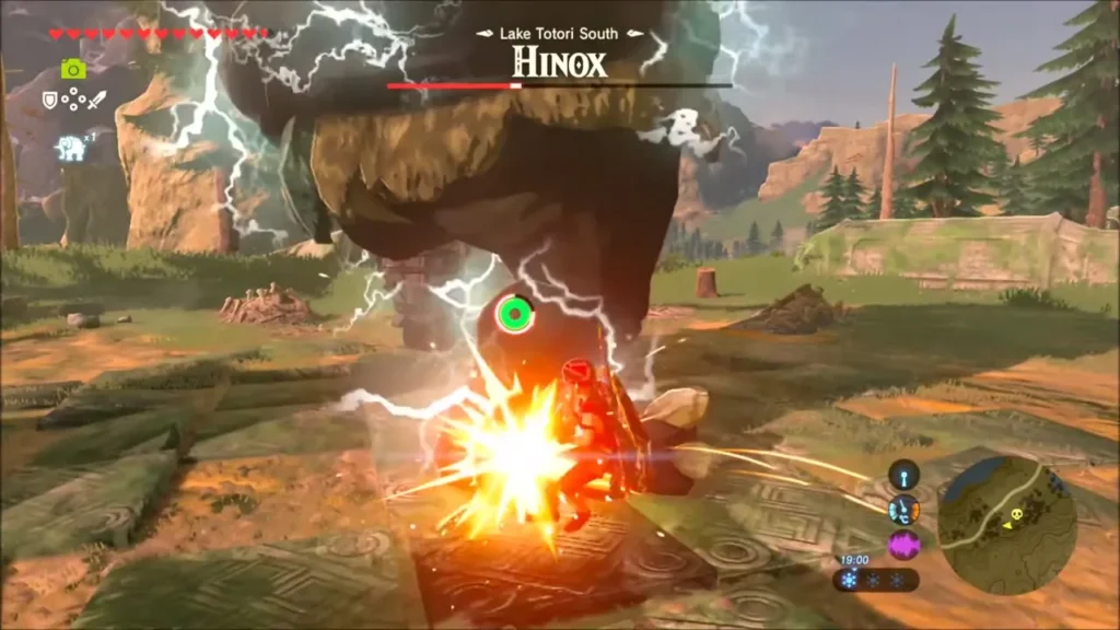 Hinox health bar at Lake Totori South while Link hits its foot Hinox health bar at Lake Totori South while Link hits its foot