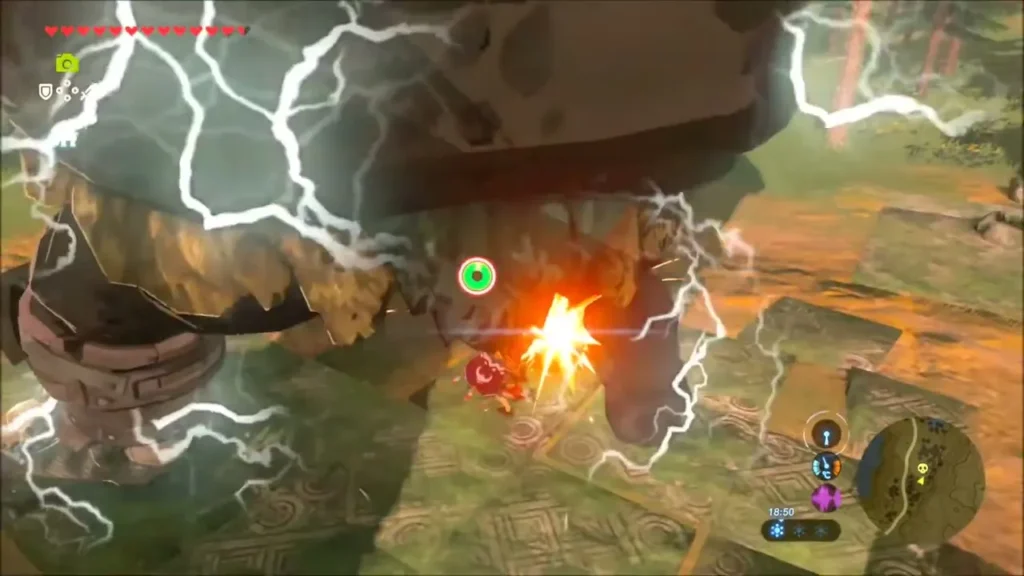 Link striking under the Hinox as lightning crackles around it Link striking under the Hinox as lightning crackles around it