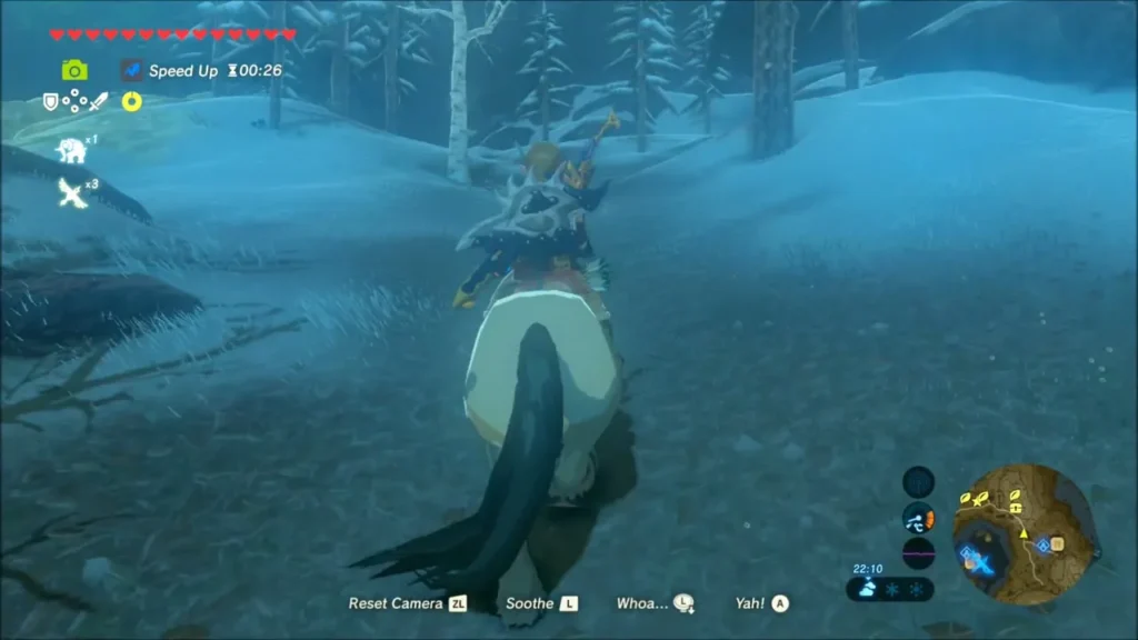 Link galloping his horse across a deep blue snowfield Link galloping his horse across a deep blue snowfield