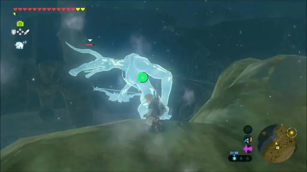 Link facing a glowing blue Ice Keese in the dark Link facing a glowing blue Ice Keese in the dark