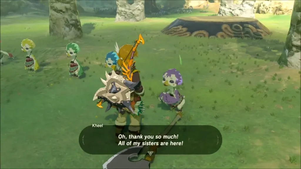 Kheel the Rito child thanking Link in the grass near Warbler's Nest Kheel the Rito child thanking Link in the grass near Warbler's Nest