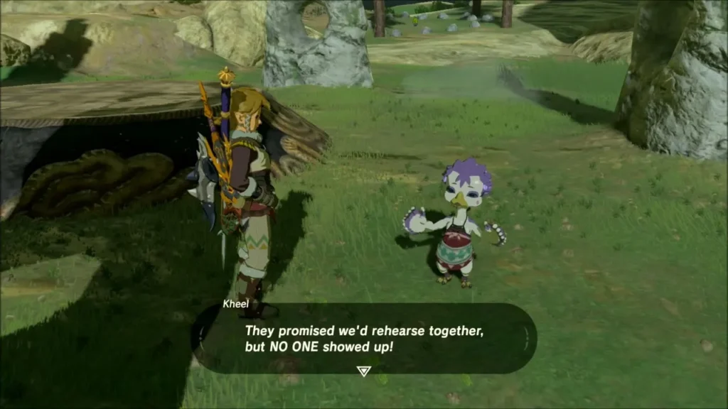 Kheel the purple Rito talking to Link in the meadow Kheel the purple Rito talking to Link in the meadow