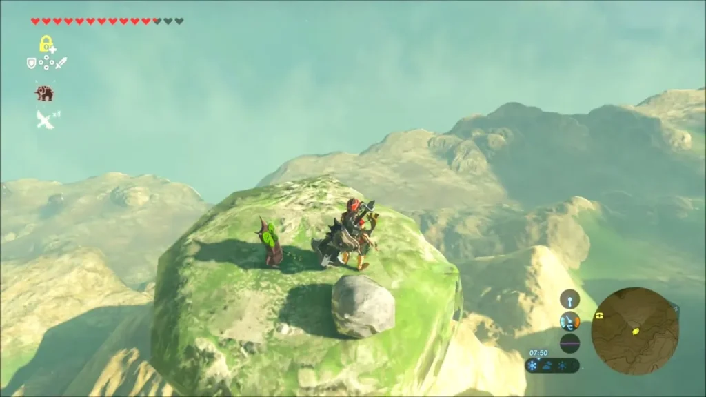 Link beside a Korok and a round rock on a grassy knoll Link beside a Korok and a round rock on a grassy knoll
