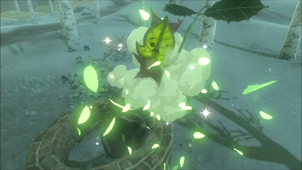 A Korok bursting out of the stone ring in a swirl of leaves A Korok bursting out of the stone ring in a swirl of leaves