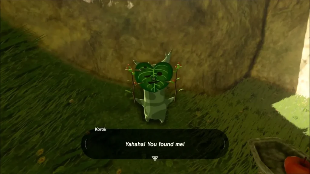 The Korok greeting Link after the apple is placed The Korok greeting Link after the apple is placed