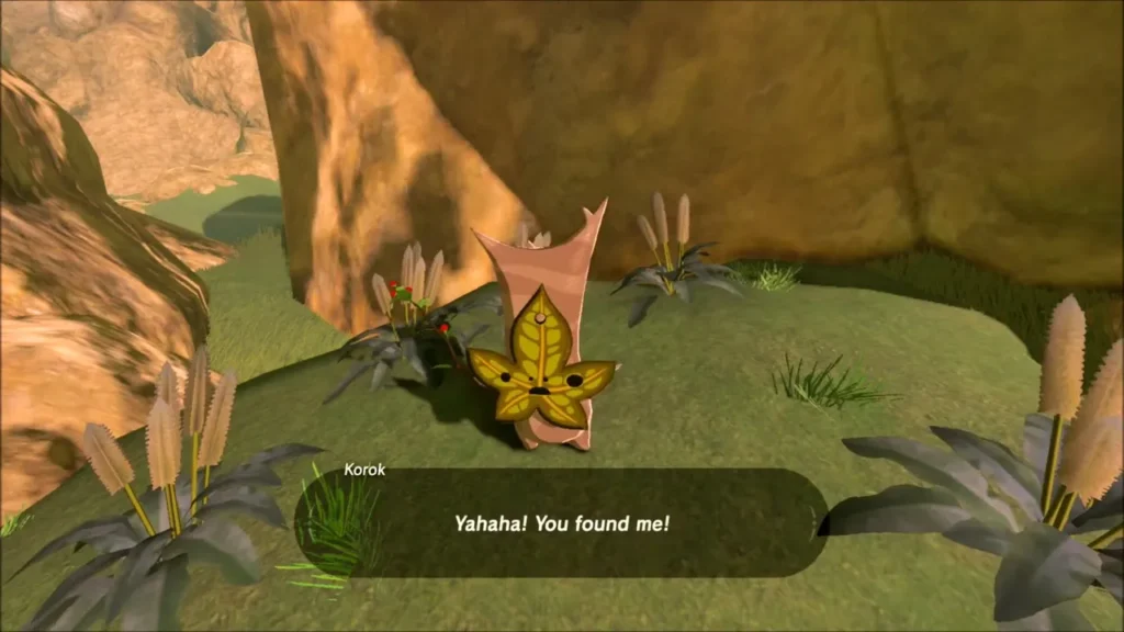 A Korok beside tall grass on a ledge under the cliff A Korok beside tall grass on a ledge under the cliff