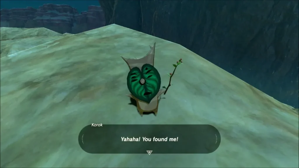 Korok on a rocky summit saying Yahaha! You found me! Korok on a rocky summit saying Yahaha! You found me!