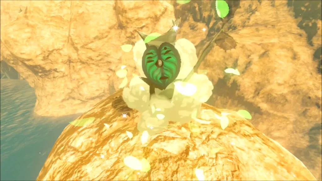 A Korok appearing in a burst of leaves on top of a rock A Korok appearing in a burst of leaves on top of a rock