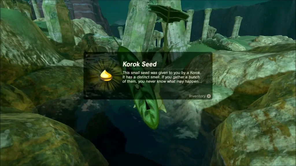 Korok Seed reward box shown beside the Korok in the stones Korok Seed reward box shown beside the Korok in the stones