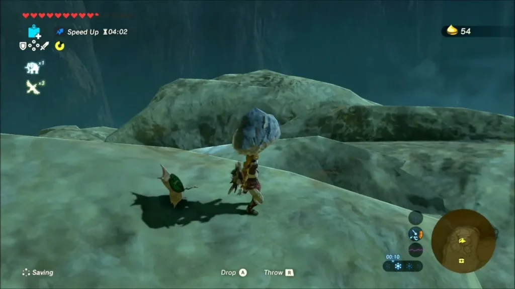 Link holding a rock beside the Korok on the peak Link holding a rock beside the Korok on the peak