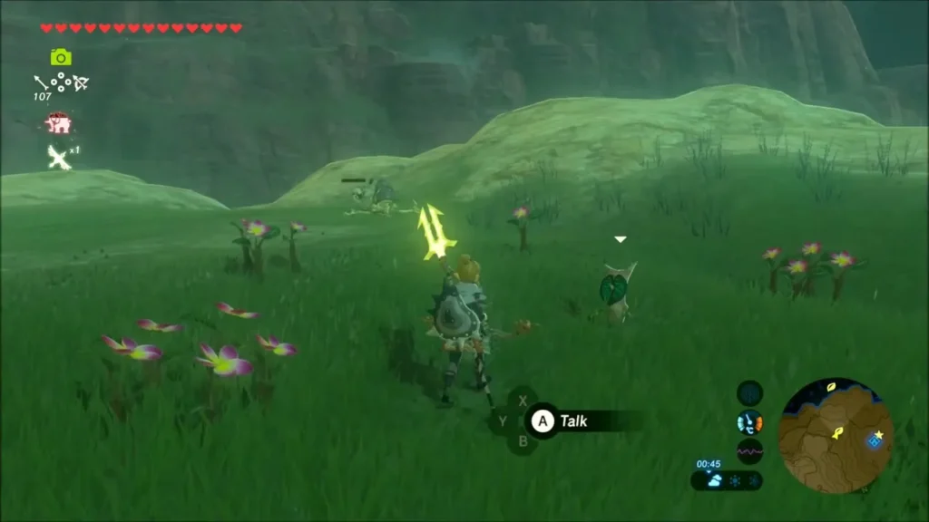 Link walking up to a Korok with the Talk prompt showing Link walking up to a Korok with the Talk prompt showing