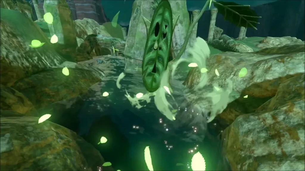 A Korok appears in a burst of green leaves in the stone hollow A Korok appears in a burst of green leaves in the stone hollow