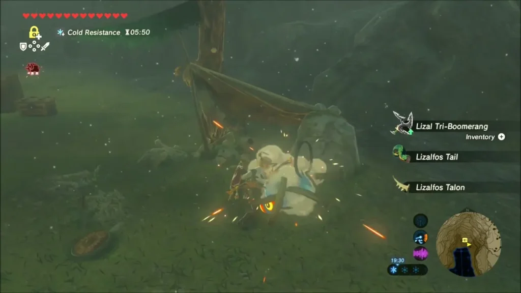 Link fighting a Lizalfos beside a tent at the forest camp Link fighting a Lizalfos beside a tent at the forest camp