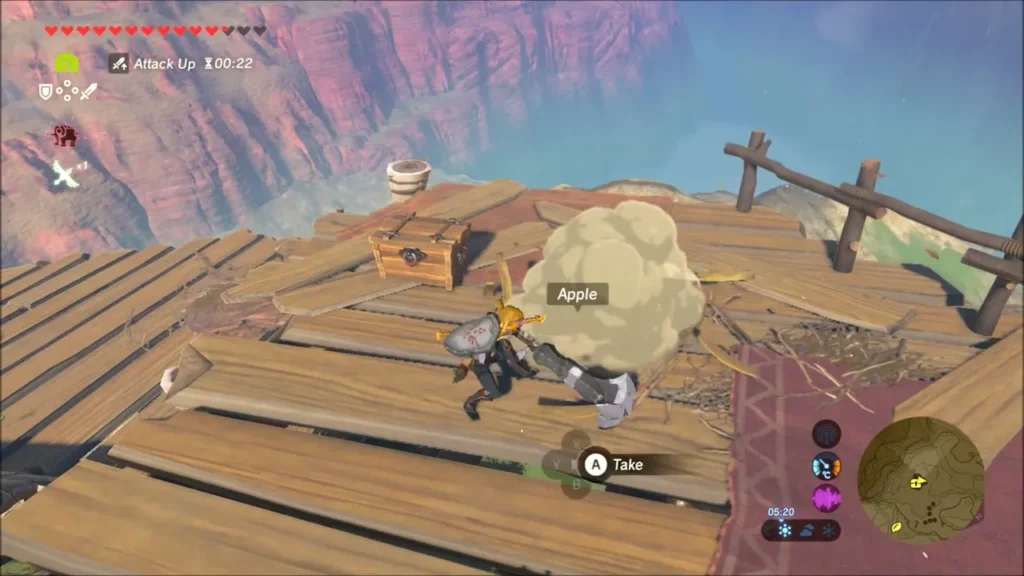 Chest and barrel on the lookout platform as Link reaches an apple Chest and barrel on the lookout platform as Link reaches an apple