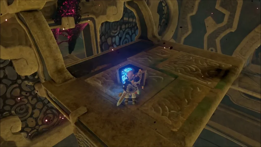 Link standing at a glowing metal slab inside the Divine Beast hall Link standing at a glowing metal slab inside the Divine Beast hall
