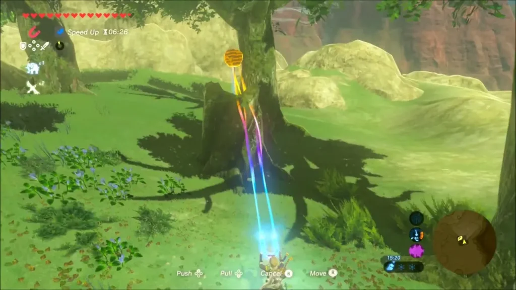Link using Magnesis on a metal object near the roots of a big tree Link using Magnesis on a metal object near the roots of a big tree
