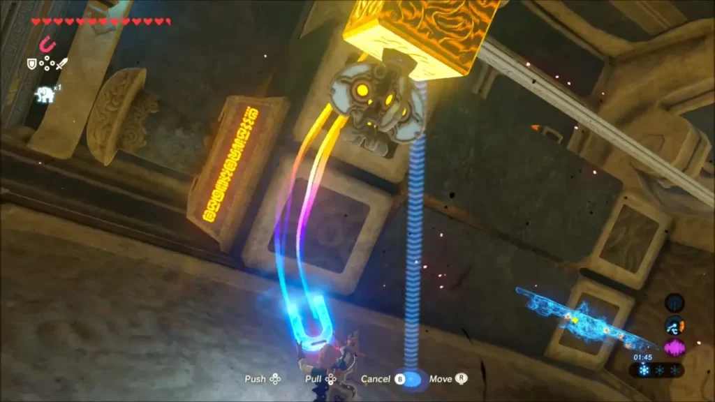 Link using Magnesis on a block beside a windmill Link using Magnesis on a block beside a windmill