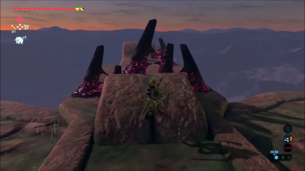 Link on the tail ledge facing Malice-covered growths at sunset Link on the tail ledge facing Malice-covered growths at sunset