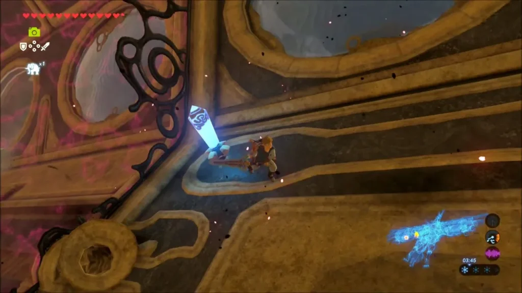 Link walking toward a glowing terminal past a Malice-covered window Link walking toward a glowing terminal past a Malice-covered window
