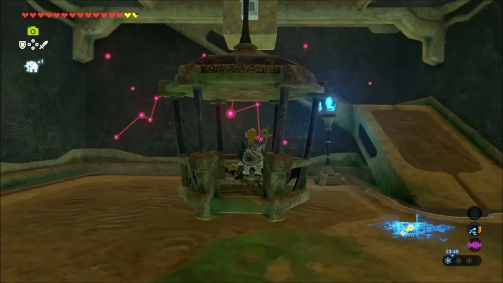 Link riding a hanging platform into the right wing Link riding a hanging platform into the right wing