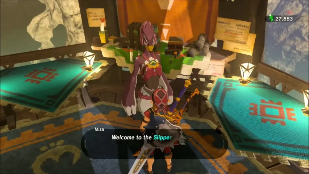 Misa the Rito shopkeeper greeting Link in her arrow shop Misa the Rito shopkeeper greeting Link in her arrow shop