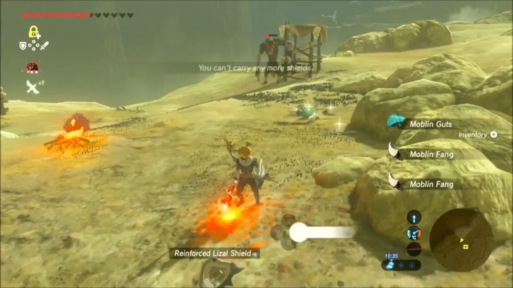 Link collecting Moblin Fangs and Guts beside the cleared camp Link collecting Moblin Fangs and Guts beside the cleared camp