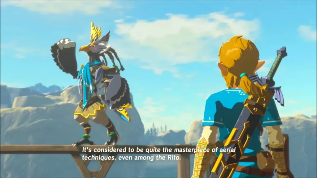 Revali perched on a railing beside Link on the take-off platform Revali perched on a railing beside Link on the take-off platform