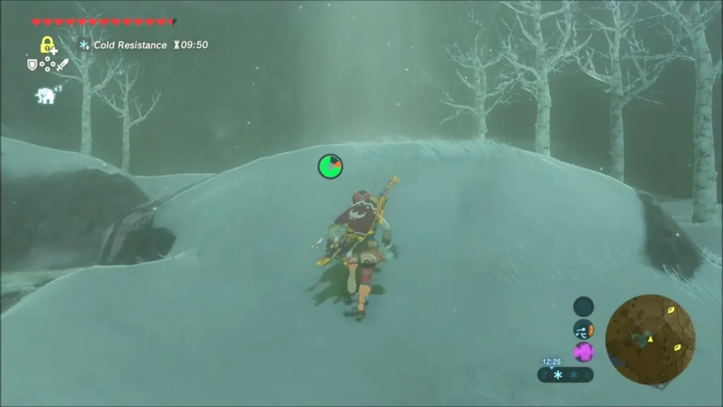 Link climbing a snowy ridge in the whiteout beyond the spring Link climbing a snowy ridge in the whiteout beyond the spring