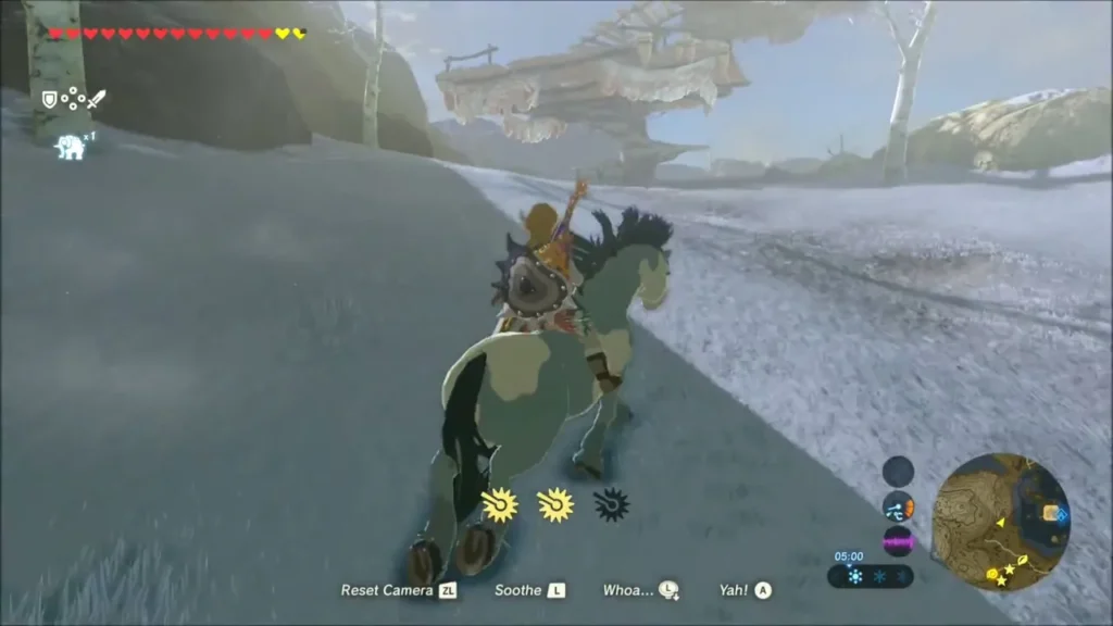 Link on horseback on a snowy Hebra slope with a sky island above Link on horseback on a snowy Hebra slope with a sky island above