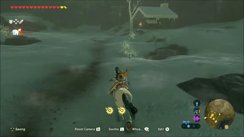 Link riding a horse across a snowy trail toward a distant cabin Link riding a horse across a snowy trail toward a distant cabin