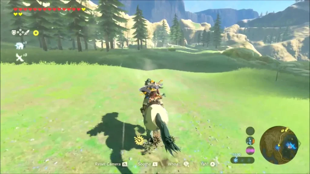 Link riding his horse west across the Tabantha grassland Link riding his horse west across the Tabantha grassland