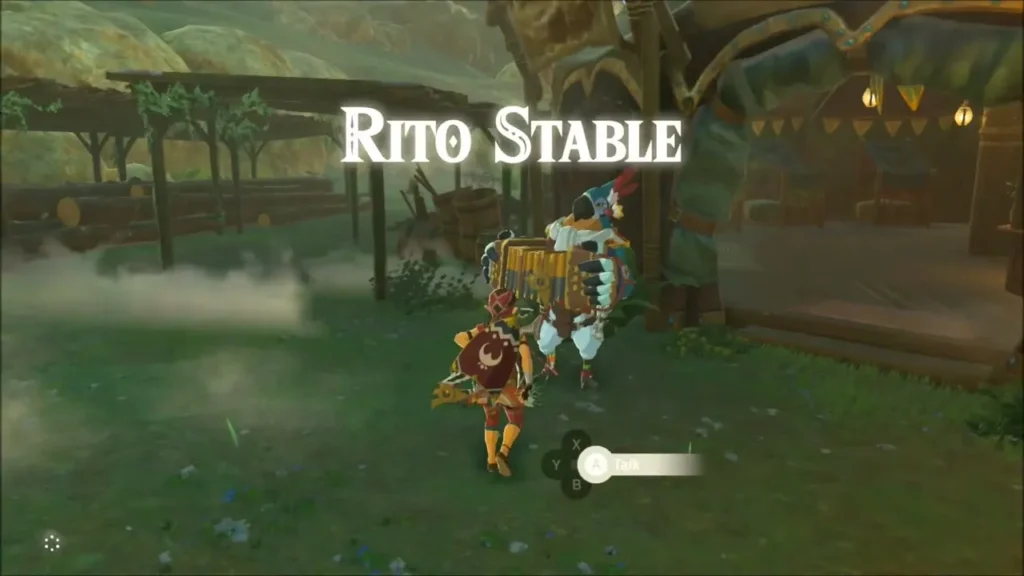 Link walking up to Rito Stable and the Rito traveler Kass Link walking up to Rito Stable and the Rito traveler Kass