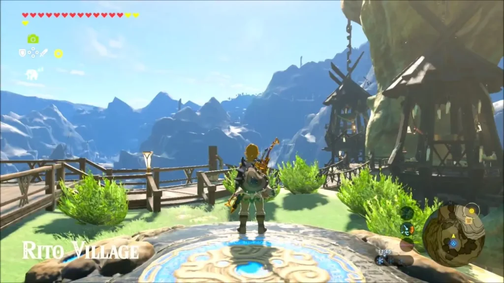 Link on the Rito Village landing in front of the mountain view Link on the Rito Village landing in front of the mountain view